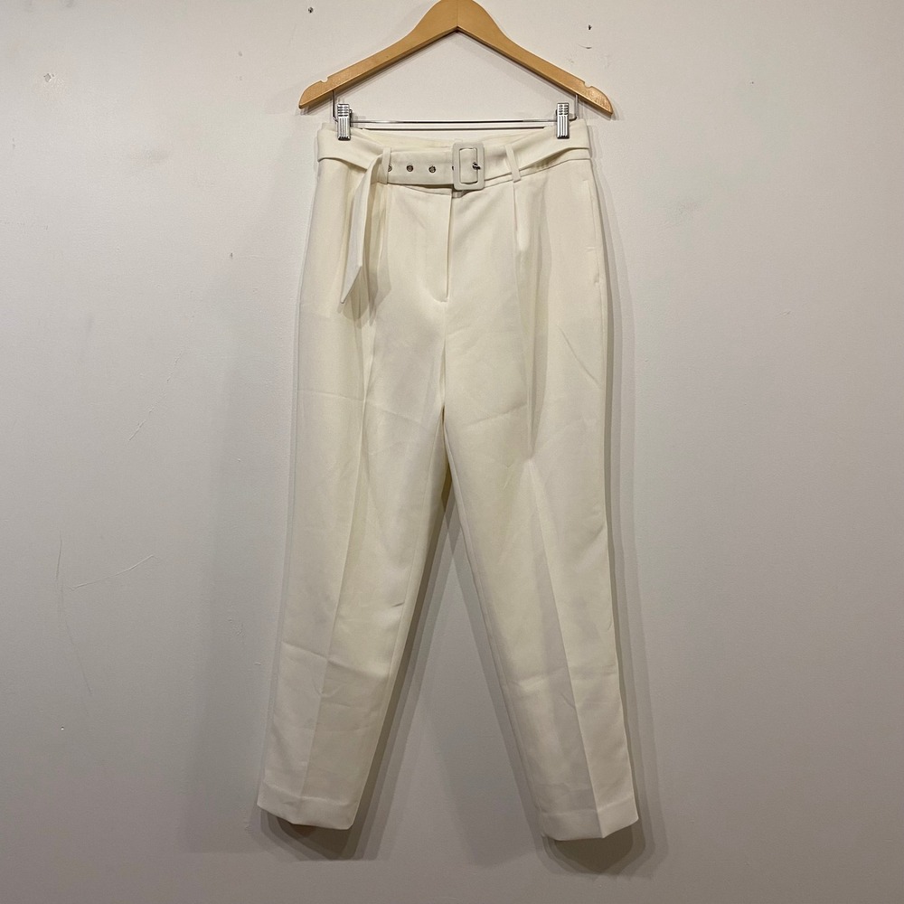 White House Black Market The Tapered Ankle Belted Pleated Dress Pants Ivory 8
